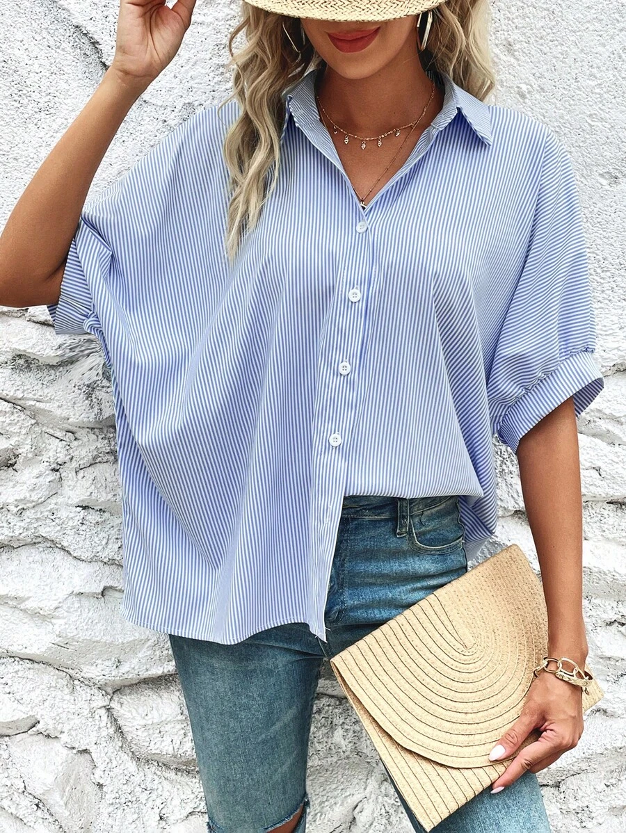 SHEIN VCAY Áo sơ mi nữ Nút phía trước Sọc Giải trí - Màu xanh lam - Xem 1