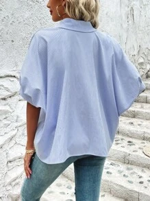 SHEIN VCAY Áo sơ mi nữ Nút phía trước Sọc Giải trí - Màu xanh lam - Xem 2