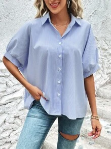 SHEIN VCAY Áo sơ mi nữ Nút phía trước Sọc Giải trí - Màu xanh lam - Xem 3