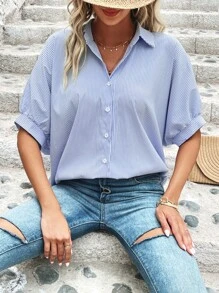 SHEIN VCAY Áo sơ mi nữ Nút phía trước Sọc Giải trí - Màu xanh lam - Xem 6