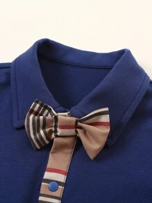 Bodysuits Em bé Nút phía trước Nơ Bướm Sọc ca rô - Màu xanh hải quân - Xem 3