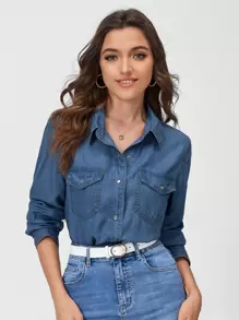 SHEIN VCAY 女式休闲牛仔效果长袖衬衫，春夏季，长袖上衣
