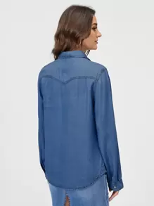 SHEIN VCAY 女式休闲牛仔效果长袖衬衫，春夏季，长袖上衣