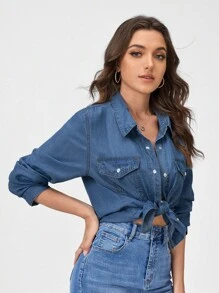 SHEIN VCAY 女式休闲牛仔效果长袖衬衫，春夏季，长袖上衣