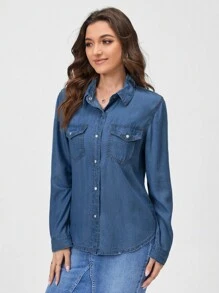 SHEIN VCAY 女式休闲牛仔效果长袖衬衫，春夏季，长袖上衣