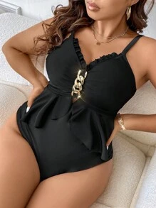 Swim Lushoire Summer Beach Plus Frill Trim Ruffle Hem One Piece Swimsuit - Black - View 1