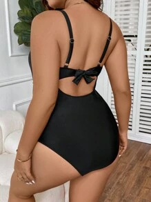 Swim Lushoire Summer Beach Plus Frill Trim Ruffle Hem One Piece Swimsuit - Black - View 2