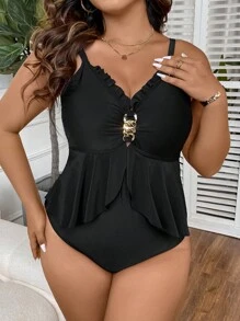 Swim Lushoire Summer Beach Plus Frill Trim Ruffle Hem One Piece Swimsuit - Black - View 3