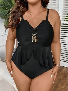 Swim Lushoire Summer Beach Plus Frill Trim Ruffle Hem One Piece Swimsuit - Black - View 4