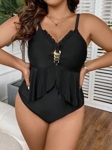 Swim Lushoire Summer Beach Plus Frill Trim Ruffle Hem One Piece Swimsuit - Black - View 5