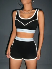 SHEIN ICON 撞色滾邊短款背心和短褲 - 黑與白 - 查看 2