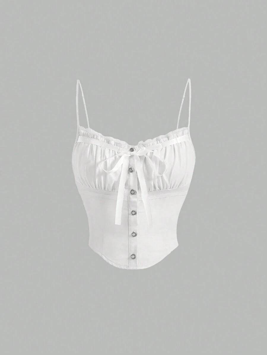 SHEIN x Marika Sila SHEIN MOD Frill Trim Knot Front Gathered Breast Cups White Cami Top