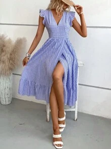 SHEIN VCAY Đầm Xù Viên lá sen Trọn gói Kẻ sọc Giải trí - Màu tím - Xem 1