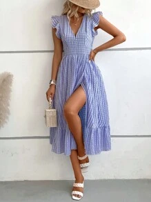 SHEIN VCAY Đầm Xù Viên lá sen Trọn gói Kẻ sọc Giải trí - Màu tím - Xem 6