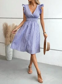 SHEIN VCAY Shirred Waist Ruffle Trim Dress - Purple - View 1