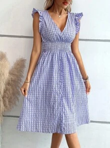 SHEIN VCAY Shirred Waist Ruffle Trim Dress - Purple - View 3