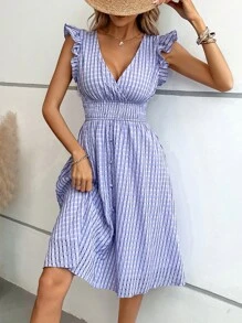 SHEIN VCAY Shirred Waist Ruffle Trim Dress - Purple - View 4