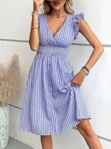 SHEIN VCAY Shirred Waist Ruffle Trim Dress - Purple - View 5