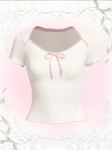 ROMWE Kawaii Contrast Binding Tie Front Tee - White - View 1