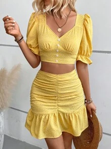 SHEIN VCAY 波點圖案泡泡袖短款上衣&褶邊荷葉邊半身裙 - 黃色 - 查看 1