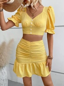 SHEIN VCAY 波點圖案泡泡袖短款上衣&褶邊荷葉邊半身裙 - 黃色 - 查看 5