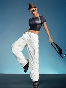 SHEIN ICON Flap Pocket Side Drawstring Waist Parachute Pants - White - View 4