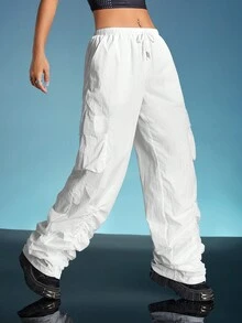SHEIN ICON Flap Pocket Side Drawstring Waist Parachute Pants - White - View 5