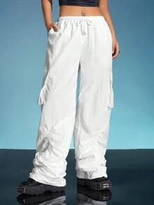 SHEIN ICON Flap Pocket Side Drawstring Waist Parachute Pants - White - View 10