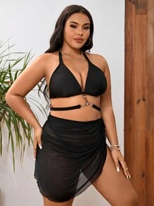 SHEIN Conjunto de bikini de talla grande con anillo de enlace y cuello halter con falda de playa para el verano - Negro - Ver 3