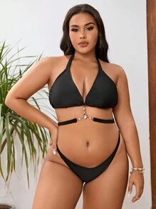 SHEIN Conjunto de bikini de talla grande con anillo de enlace y cuello halter con falda de playa para el verano - Negro - Ver 4