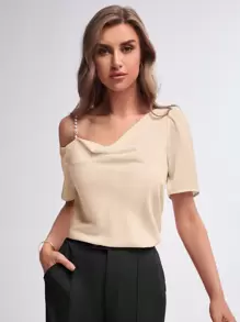 BizChic 不對稱領珍珠肩帶前垂褶襯衫工作服 - 杏色 - 查看 3