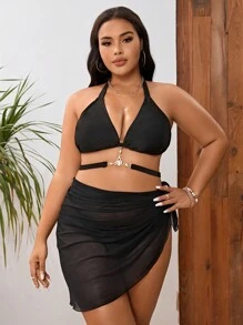 SHEIN Conjunto de bikini de talla grande con anillo de enlace y cuello halter con falda de playa para el verano - Negro - Ver 5