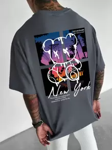 Manfinity EMRG 男式标语及卡通图案落肩 T 恤 - 深灰色 - 查看 1