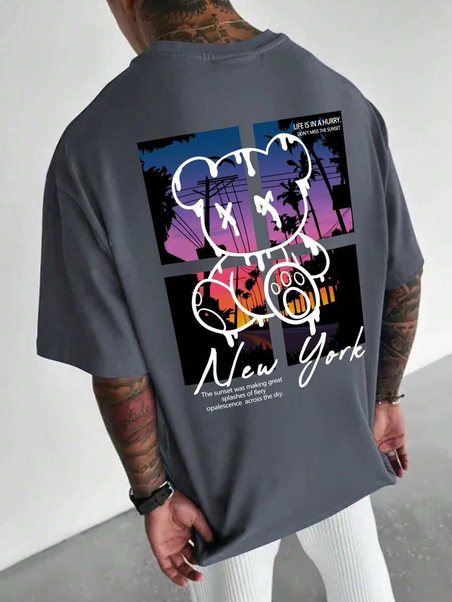 Manfinity EMRG 男式标语及卡通图案落肩 T 恤 - 深灰色 - 查看 1