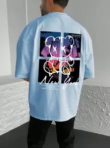 Manfinity Homme Loose Fit Men's Slogan & Cartoon Graphic Drop Shoulder T-Shirt - Baby Blue - View 1