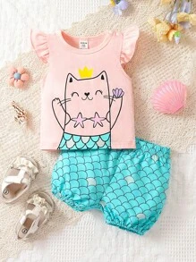 SHEIN Baby Cartoon Graphic Ruffle Trim Tee & Fish Scales Print Shorts - Multicolor - View 1