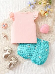 SHEIN Baby Cartoon Graphic Ruffle Trim Tee & Fish Scales Print Shorts - Multicolor - View 2