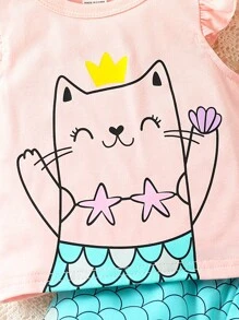 SHEIN Baby Cartoon Graphic Ruffle Trim Tee & Fish Scales Print Shorts - Multicolor - View 3