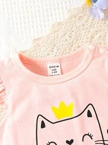 SHEIN Baby Cartoon Graphic Ruffle Trim Tee & Fish Scales Print Shorts - Multicolor - View 5