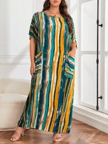 SHEIN LUNE 大碼筆刷圖案蝙蝠袖雙口袋連衣裙 - 彩色 - 查看 2
