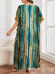 SHEIN LUNE 大碼筆刷圖案蝙蝠袖雙口袋連衣裙 - 彩色 - 查看 3