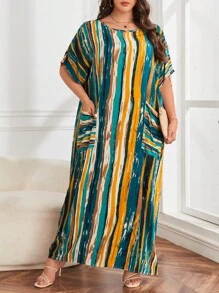 SHEIN LUNE 大碼筆刷圖案蝙蝠袖雙口袋連衣裙 - 彩色 - 查看 4
