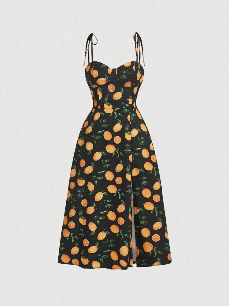 SHEIN MOD Fruit Print Split Thigh Cami Dress - Black - View 1