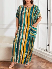 SHEIN LUNE 大碼筆刷圖案蝙蝠袖雙口袋連衣裙 - 彩色 - 查看 5
