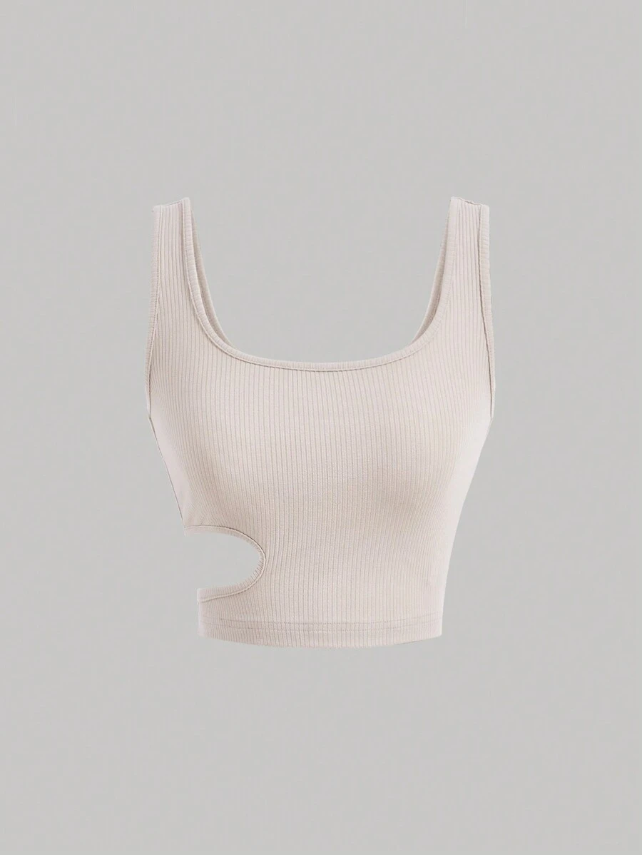 SHEIN MOD Áo khoác và áo lót dành cho xe tăng nữ Cắt ra Gân đan màu trơn Giải trí - Màu be - Xem 1