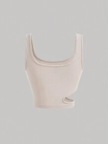 SHEIN MOD Áo khoác và áo lót dành cho xe tăng nữ Cắt ra Gân đan màu trơn Giải trí - Màu be - Xem 2