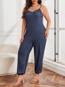 SHEIN LUNE 大碼素色吊帶連體褲 - 藏蓝色 - 查看 4