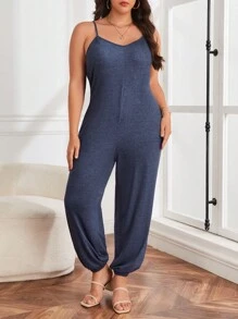 SHEIN LUNE 大碼素色吊帶連體褲 - 藏蓝色 - 查看 5