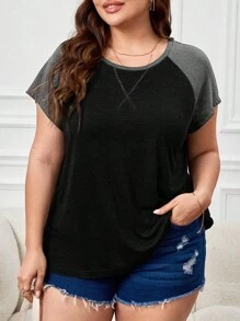 SHEIN LUNE 大碼撞色插肩袖T恤 - 黑色 - 查看 2