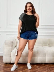 SHEIN LUNE 大碼撞色插肩袖T恤 - 黑色 - 查看 4